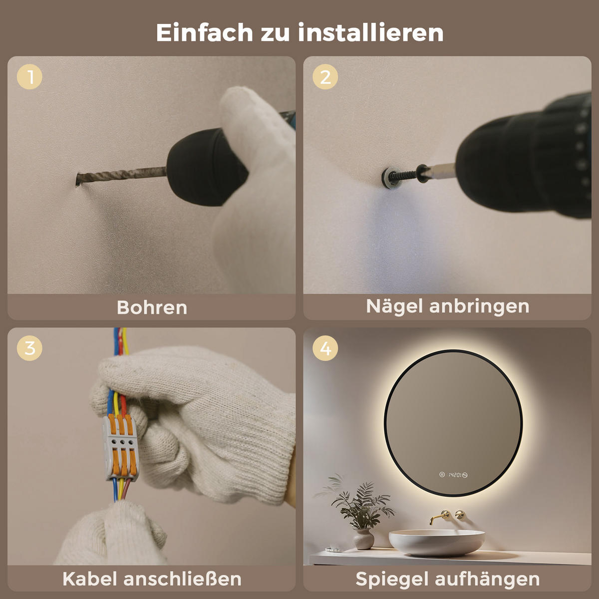 BADSPIEGEL MIT BELEUCHTUNG 60 cm Rund schwarz mit Aluminiumrahmen und Antibeschlag - Schwarz, Glas (60/60/3.3cm) - S'AFIELINA