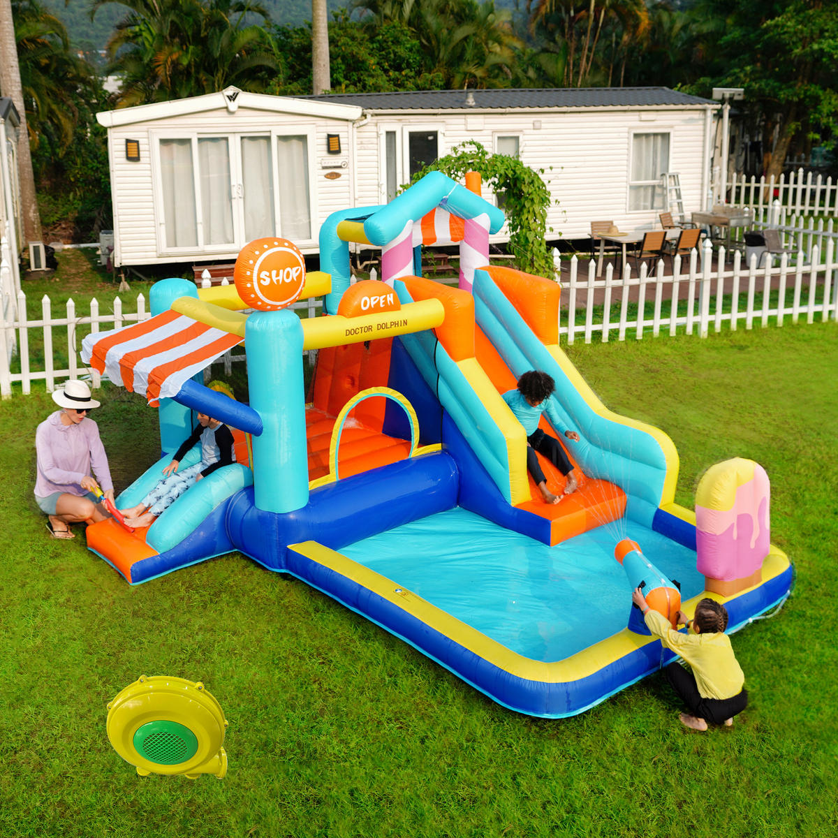 HÜPFBURG Wasserpark Trampolin 450W Gebläse - Blau, Textil (340/395/236cm) - LEBENLANG