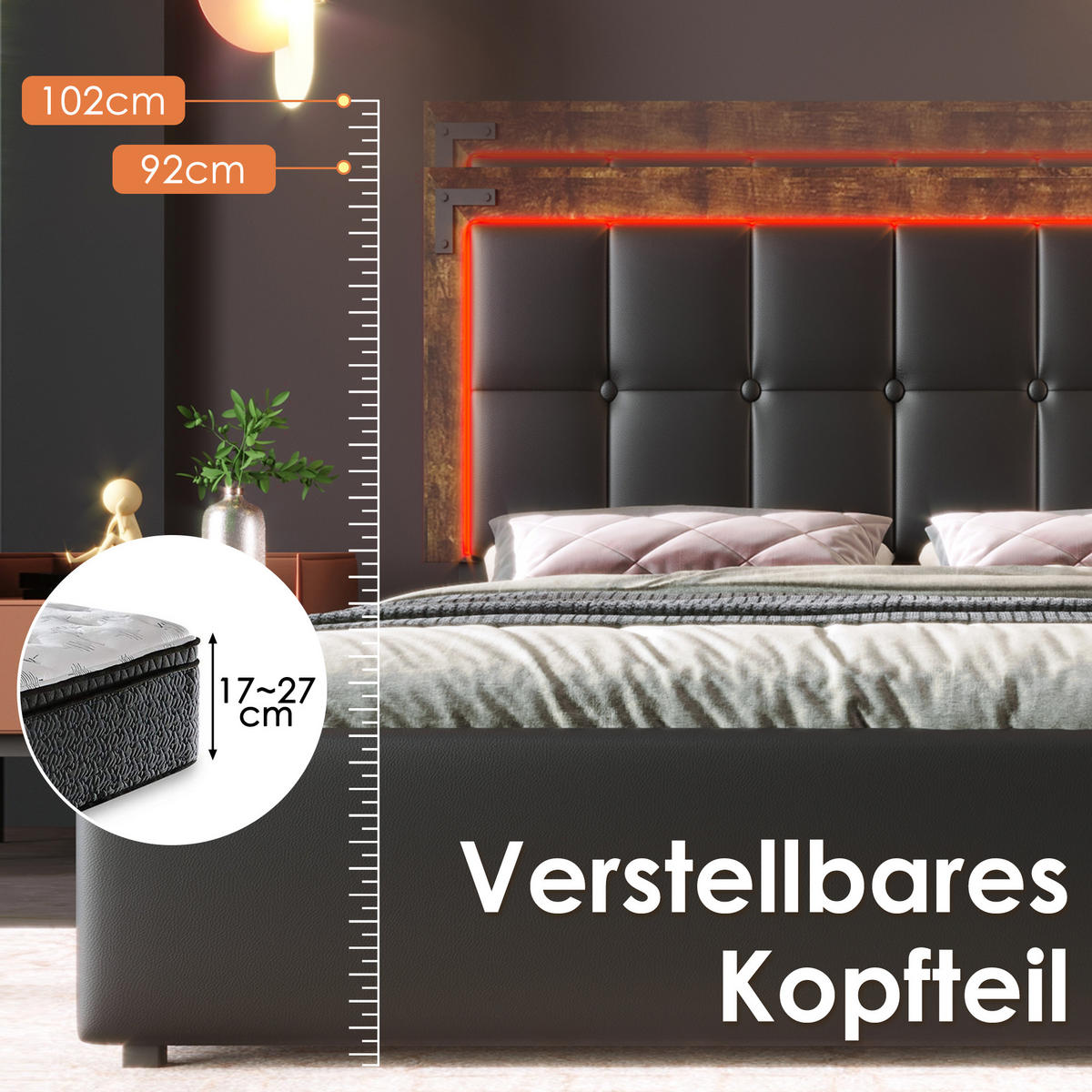 POLSTERBETT 160/200 cm in Schwarz mit LED und 4 Schubladen - Schwarz, Holzwerkstoff/Textil (160/200cm) - WISHDOR