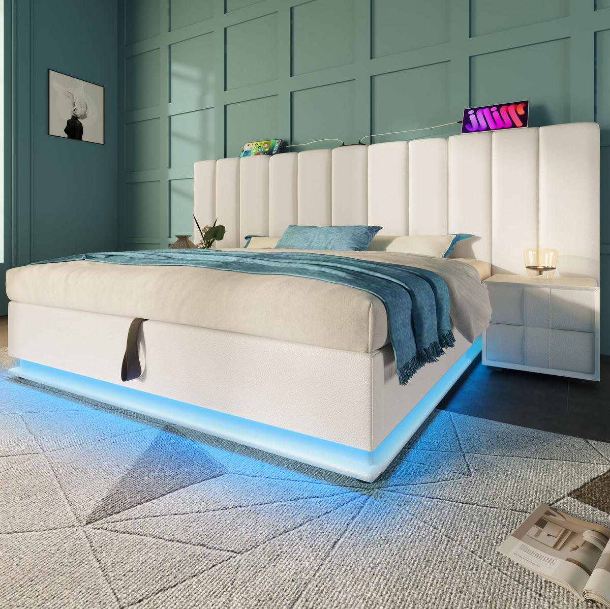 BETT mit Stauraum 160x200 cm PU Weiß mit LED und USB-C - Weiß, Metall (160/200cm) - Meubliv