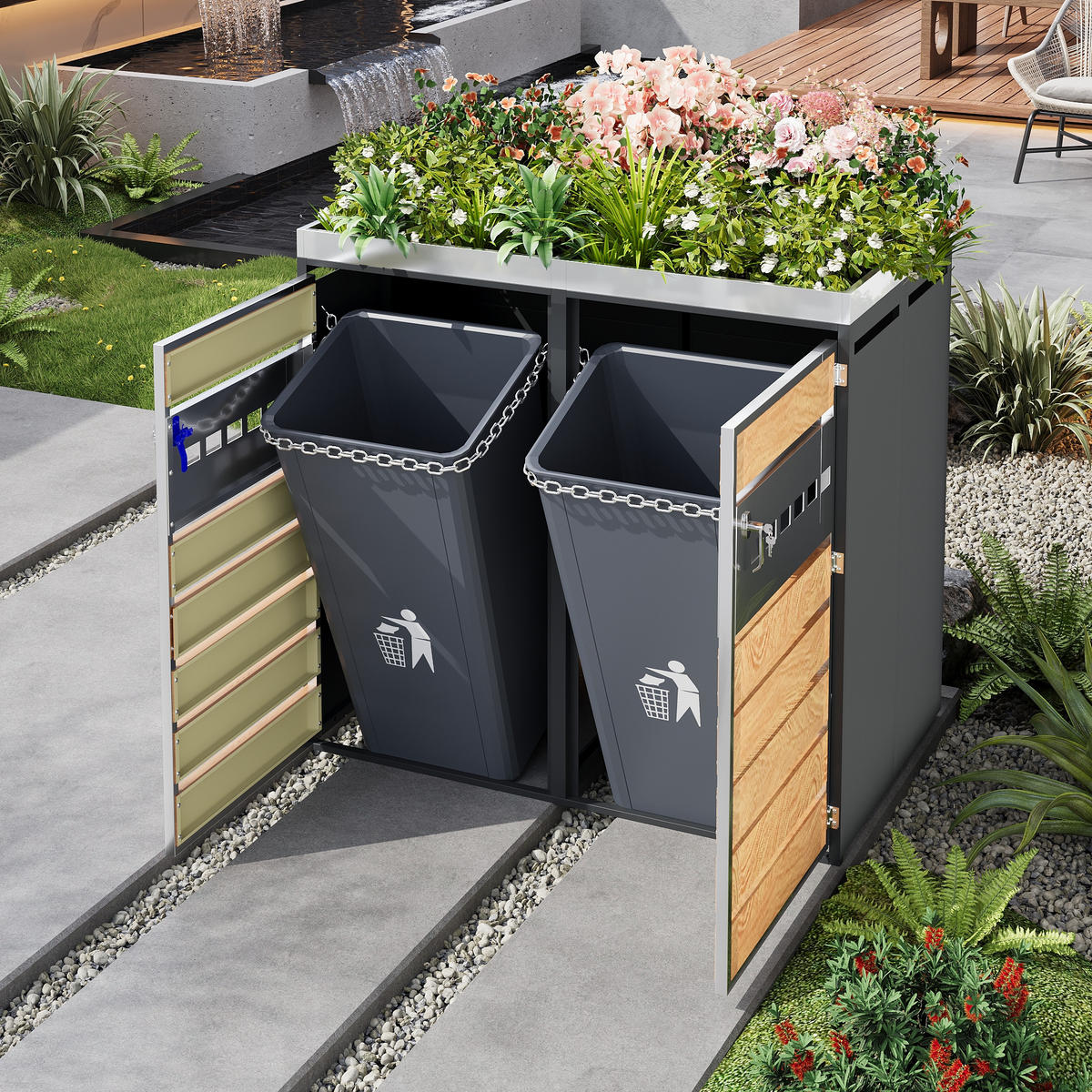 MÜLLTONNENBOX 2 Türen Pflanzfläche Belüftung - Grau, Metall (132/124.5/80cm) - LEBENLANG