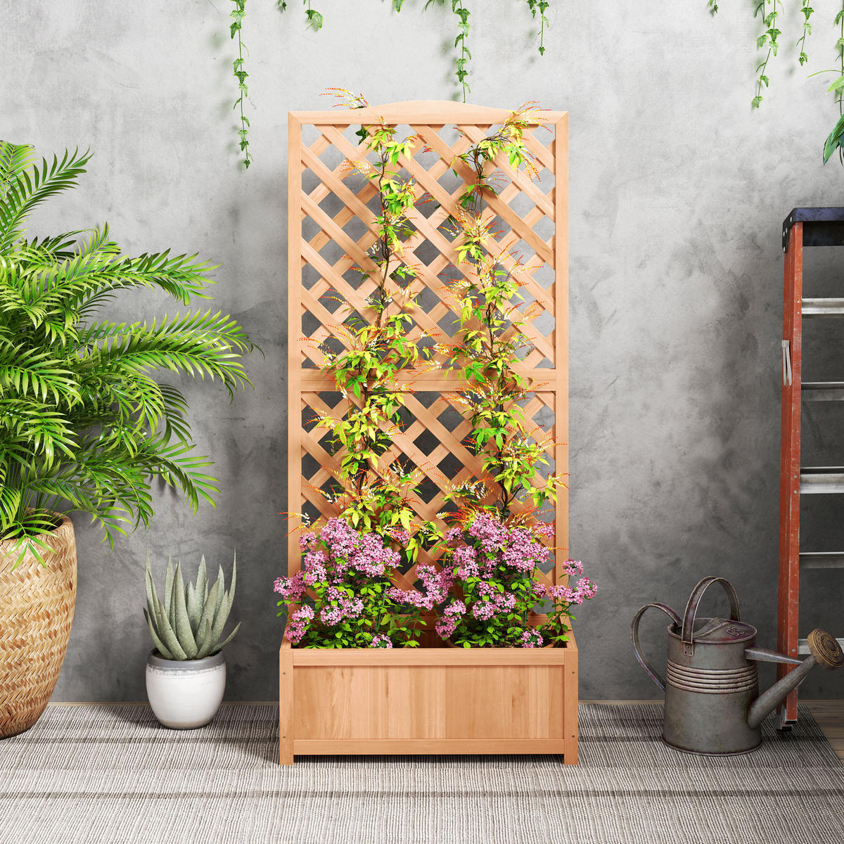 HOCHBEET DE-12197 mit Rankgitter 76/36/170 cm mit Lattenboden Braun - Braun, Holz (76/170/36cm) - ComfortXL