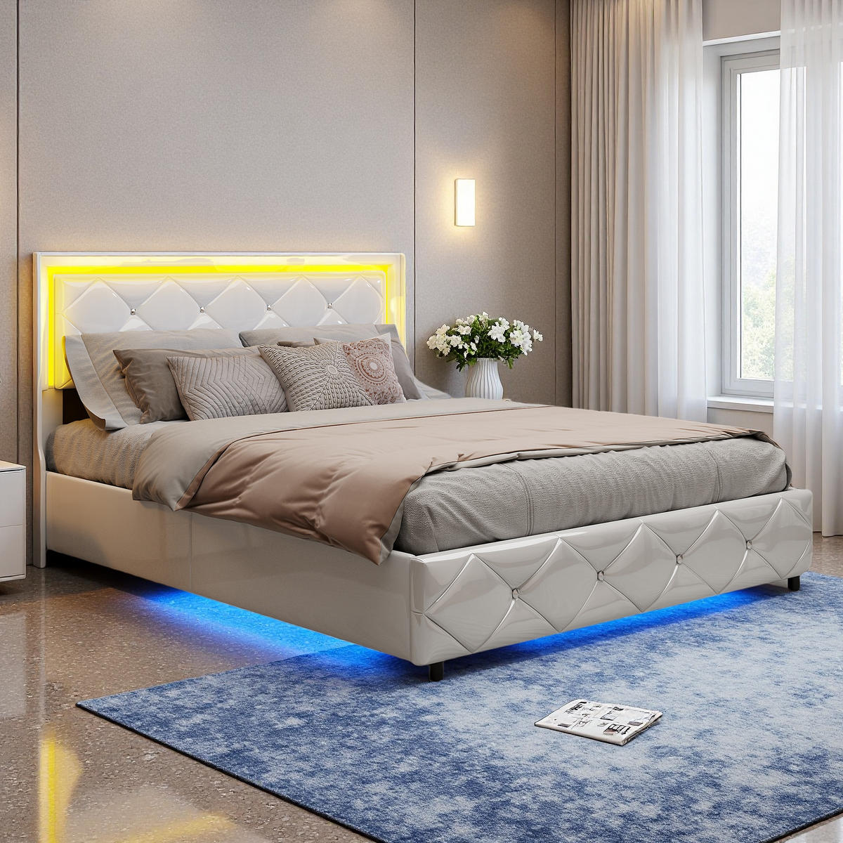 ČALÚNENÁ posteľ 140x200 biela PU LED náladové osvetlenie - biela, kov (140/200cm) - SHOPENTRA