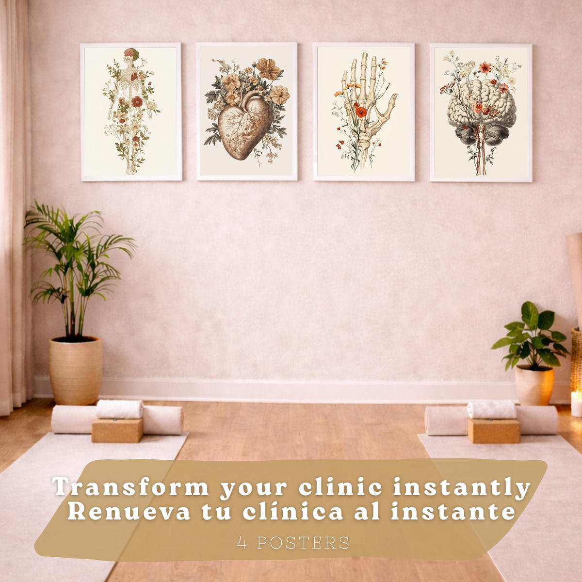 POSTER Set aus 4 Anatomie Mensch Dekorative Drucke und Wandbilder mit Blumen Ganzkörper Gehirn Hand und Herz Stil Größe Weißer Rahmen A3 - Weiß, Papier (29.7/42/3cm) - Nacnic