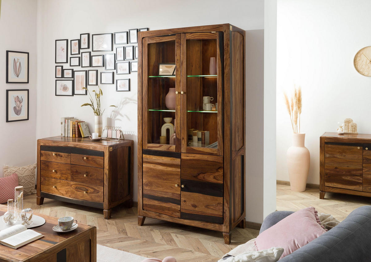 VITRINE Sheesham 100x45x200 dunkelbraun lackiert ANCONA #235 - Dunkelbraun, Holz (100/200/45cm) - Massivmoebel24