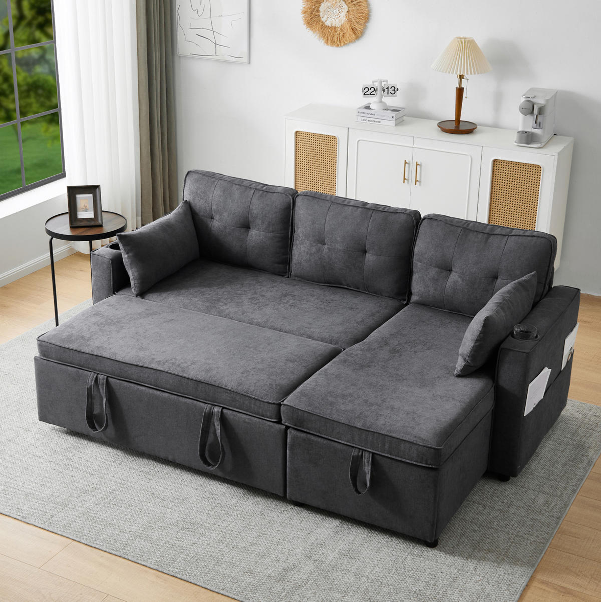 SCHLAFSOFA aus Baumwoll-Leinenstoff 211x130x86 cm Grau mit Stauraum, wechselbarer Chaiselongue und Getränkehaltern - Grau, Textil (211/86/129.5cm) - Modfu