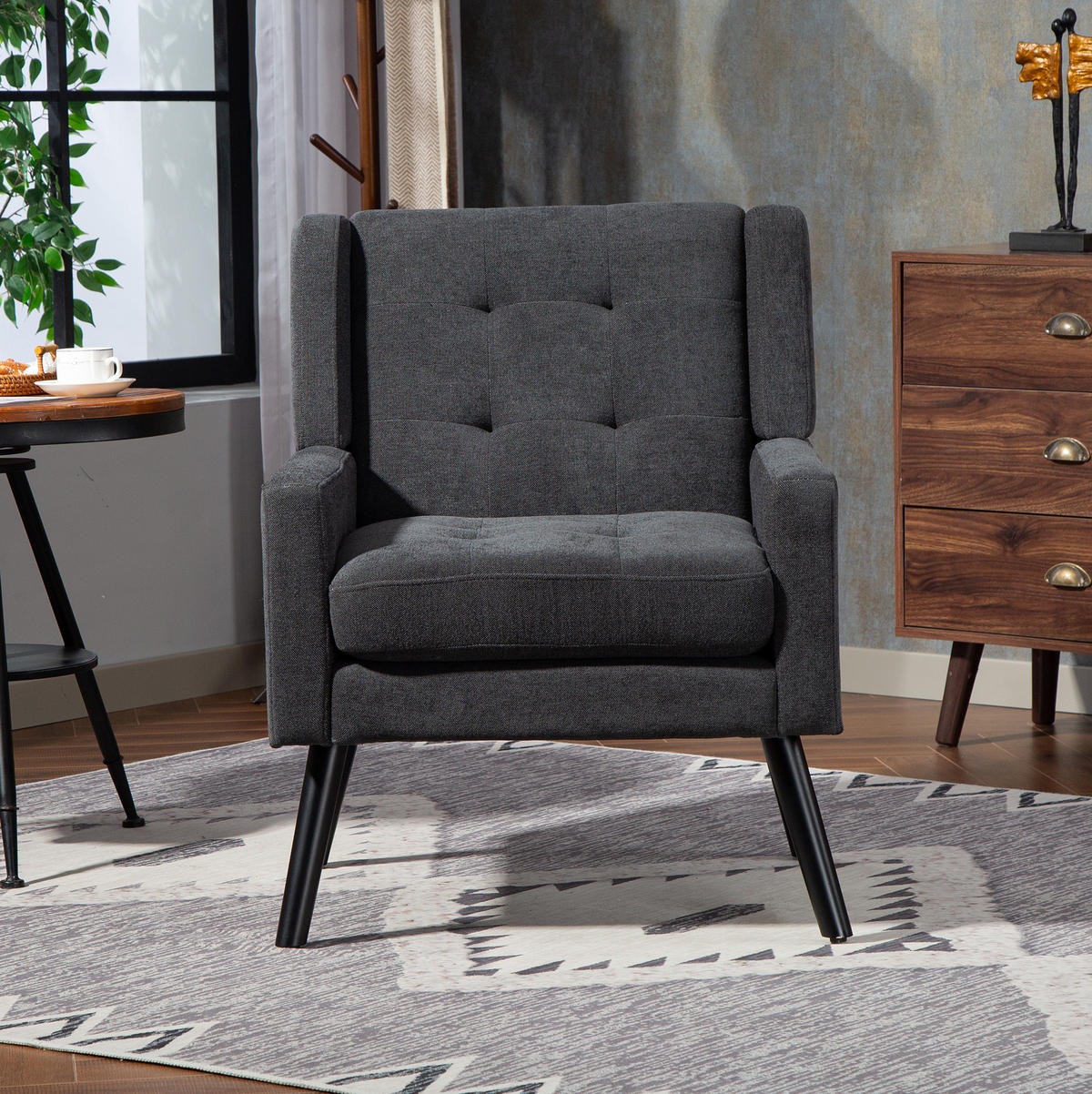 KRESLO s čalúnením v tmavosivej farbe, prešívané, s nohami z masívneho dreva,76/68/88 cm - tmavosivá, textil (76/88/68cm) - BEAOK