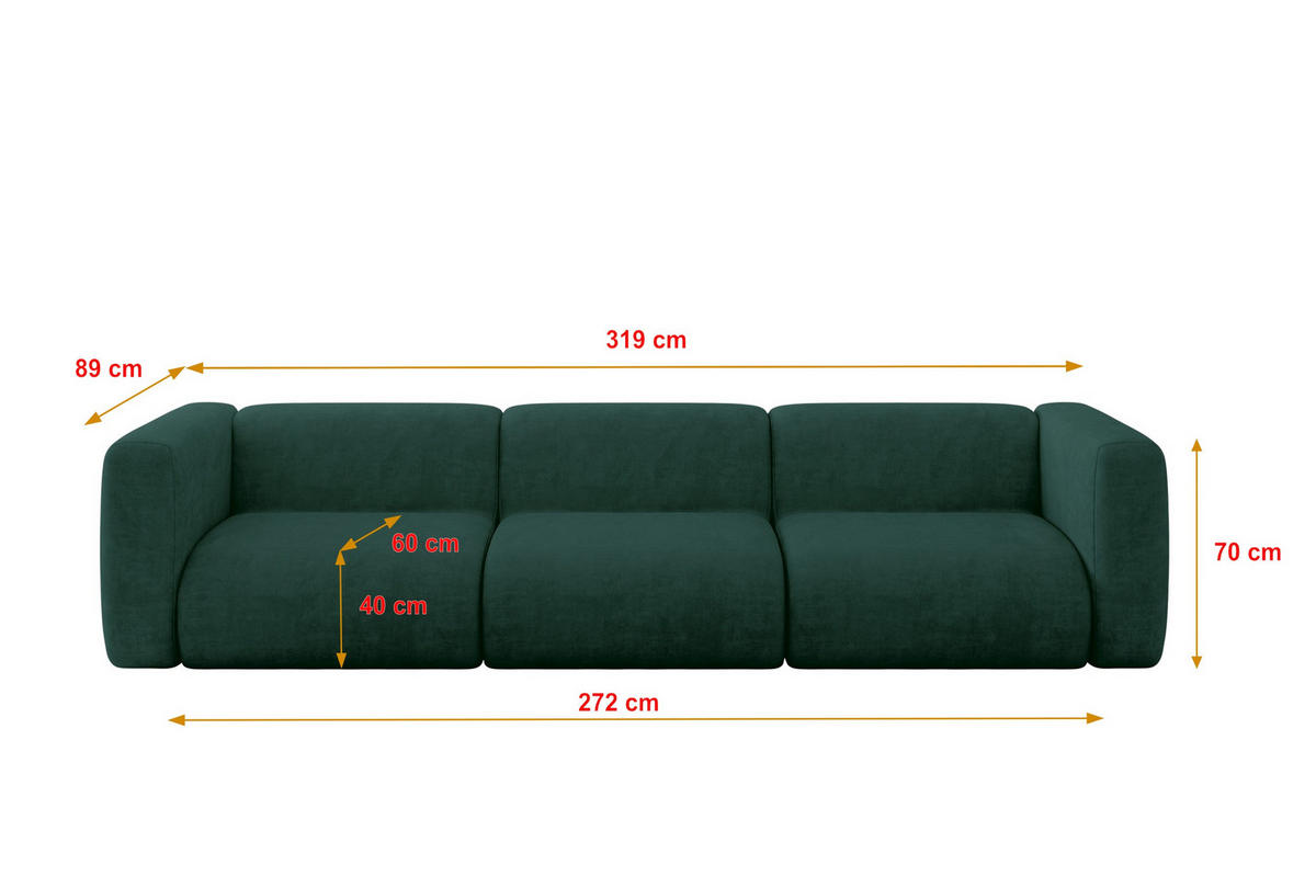 MODULÁRNÍ pohovka MIRA-S2, 3místná, 319 × 89 × 70 cm, zelená, velur - černá/tmavě zelená, kompozitní dřevo/textil (319/70/89cm) - ALTDECOR