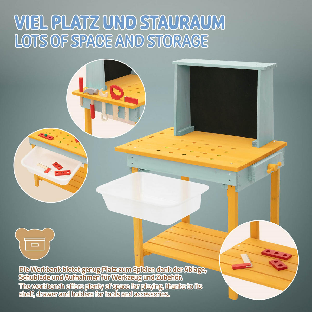 WERKBANK KINDER HOLZ ‎101x37x81 cm ‎Gelb-Türkis - Gelb, Holz/Kunststoff (101/81/37cm) - Joyz