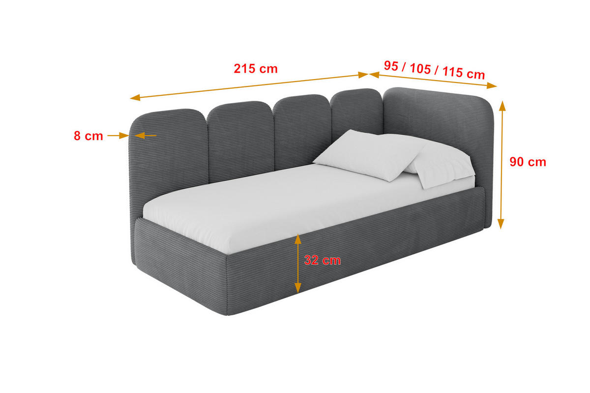 EINZELLBETT Jugendbett mit Bettkasten, Links - VELY 90x200 Dunkelgrau - Graphitfarben, Holzwerkstoff/Textil (90/200cm) - ALTDECOR