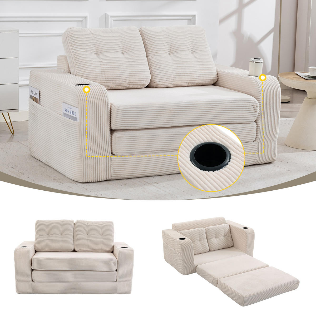 SCHLAFSOFA 2-Sitzer Sofa mit 2 Zierkissen,Lounge Sofa,Polstersofa,Cord,Beige - Beige, Textil (136/82.5/80cm) - LVHOM