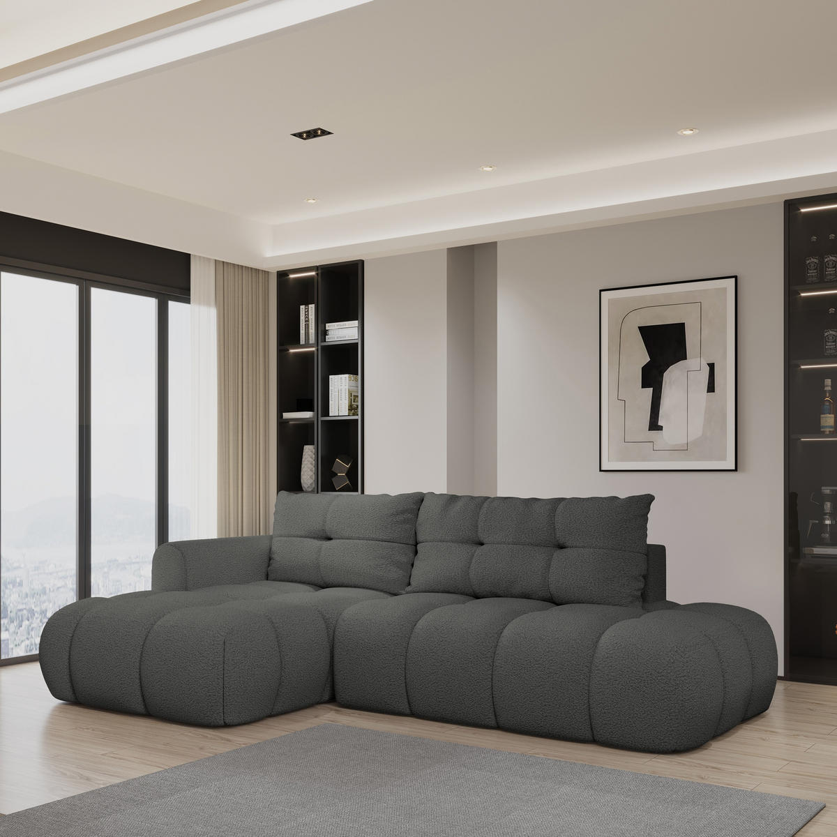 ECKSOFA FLUMA L-S Grau Boucle-Stoff mit Schlaffunktion - Grau, Holz (274/165cm) - MASSENO