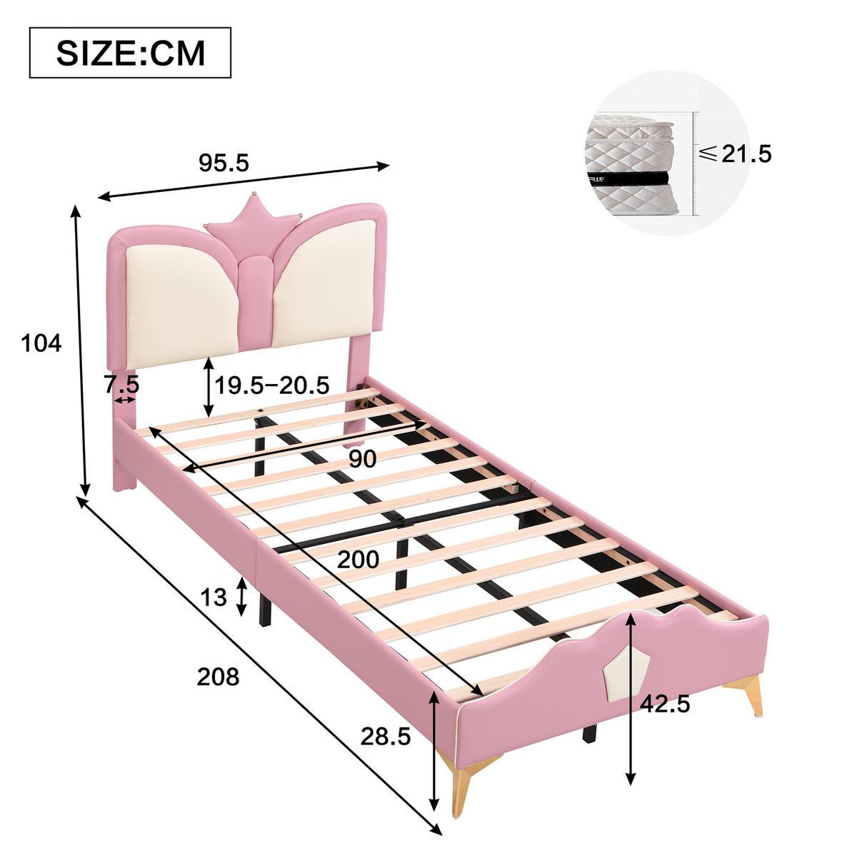 POLSTERBETT 90/200 cm Rosa+Weiß aus PU mit Kronen-Kopfteil - Rosa, Kunststoff (90/200cm) - OKMYHOME