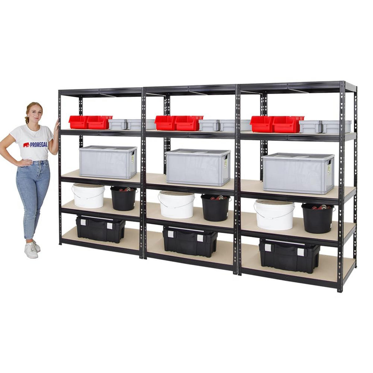 SCHWERLASTREGAL Tiger 3er-Set mit 3x 180x100x60 cm Fachlast 265 kg Schwarz - Silberfarben, Metall (300/180/60cm) - PROREGAL