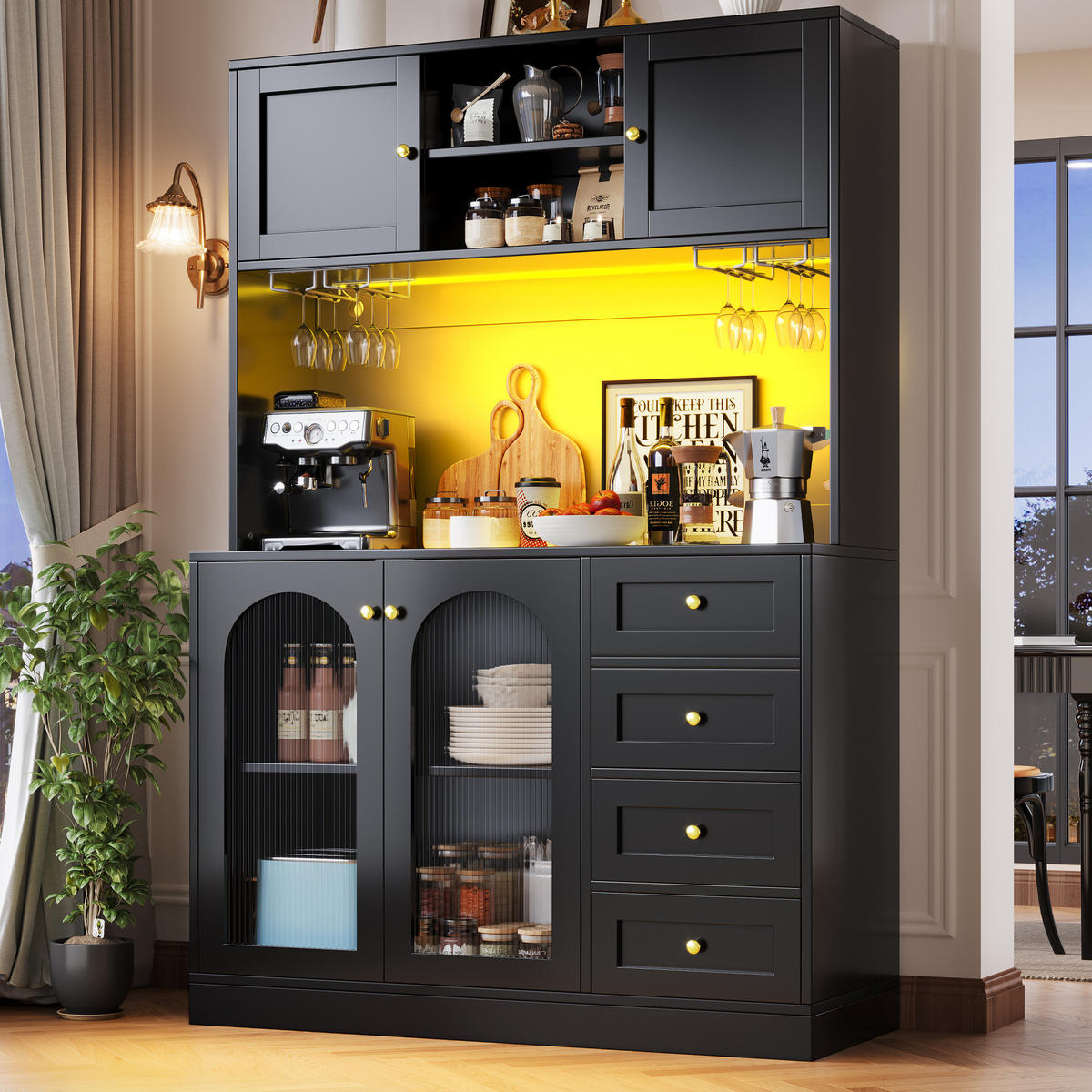 BUFFETSCHRANK 120/40/188 cm schwarz aus MDF mit LED-Lichtleiste - Schwarz, Holzwerkstoff (120/188/40cm) - OKWISH