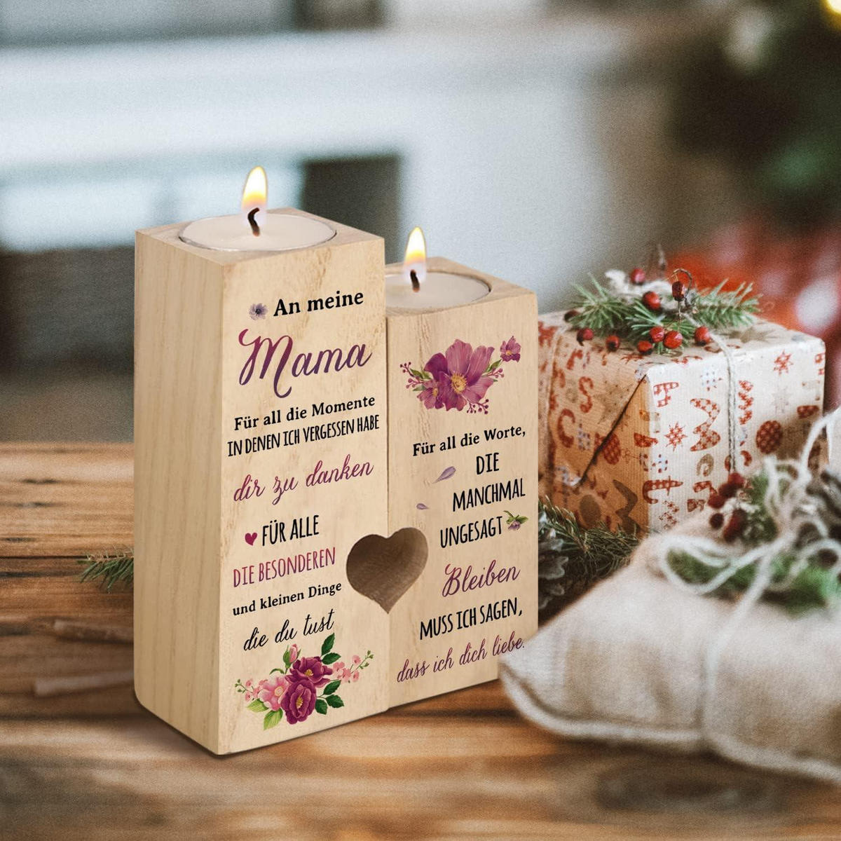 KERZENSTÄNDER Holz Mama Geschenk 12 x 10 x 4,5 cm - Beige, Holz (10/4.5/12cm)