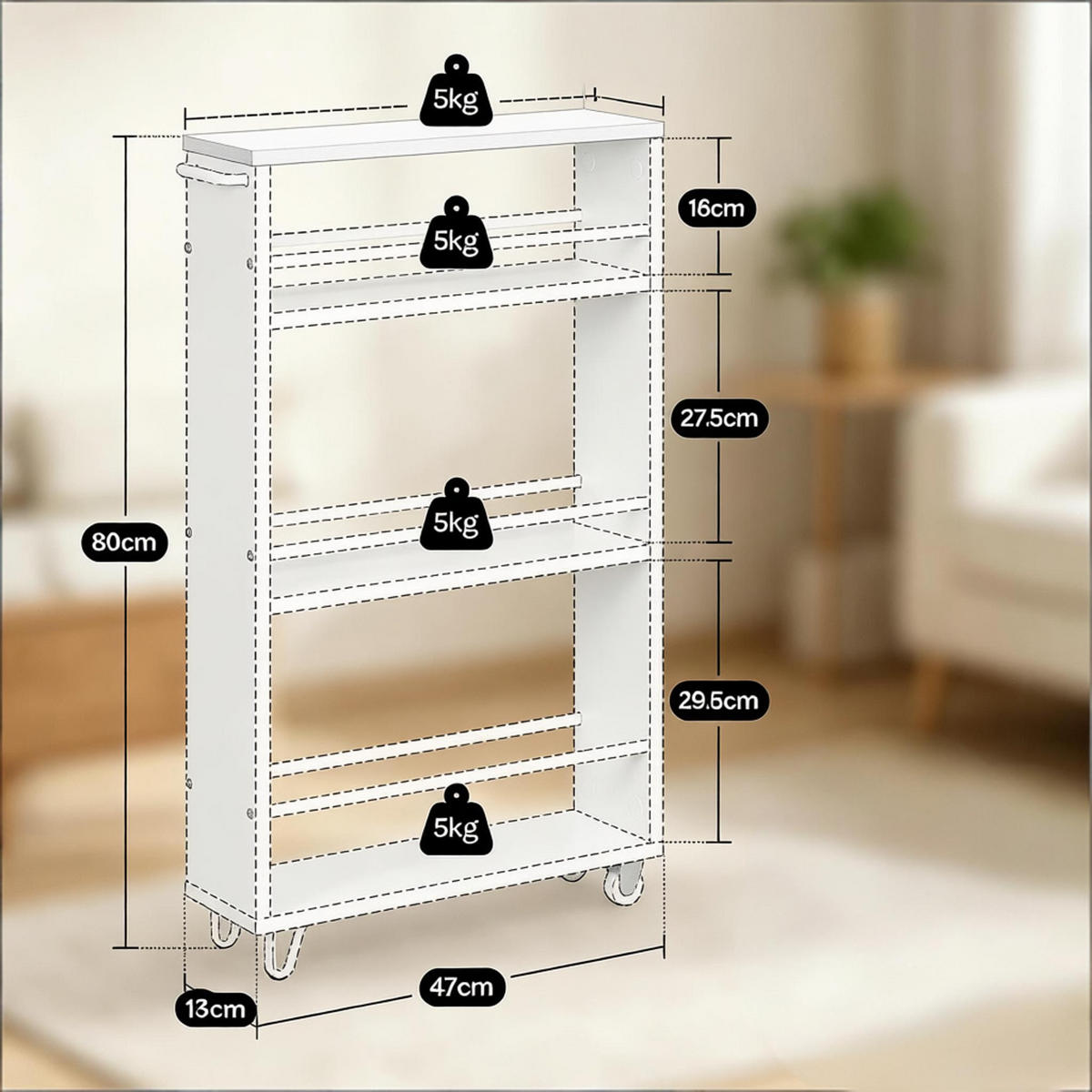 SERVIERWAGEN DE-41496 47/80/13 cm, 3 Regale Weiß - Weiß, Holzwerkstoff (13/80/47cm) - ComfortXL
