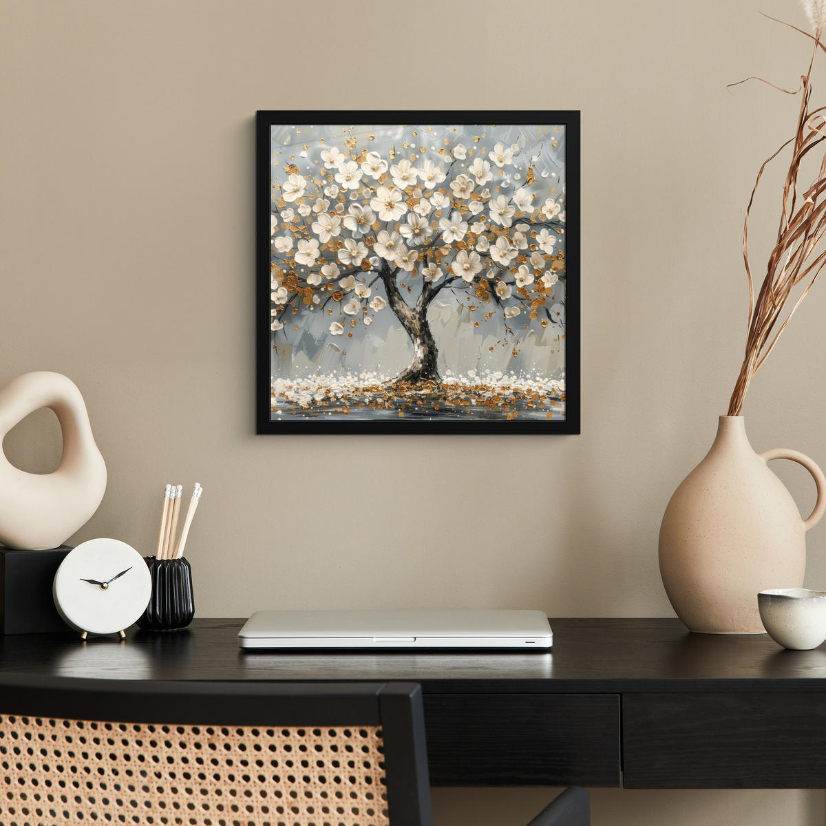 POSTER MIT RAHMEN Baum - Blumen - Weiß - Natur - Kunst 40x40 cm - Weiß, Papier (40/40cm) - MuchoWow