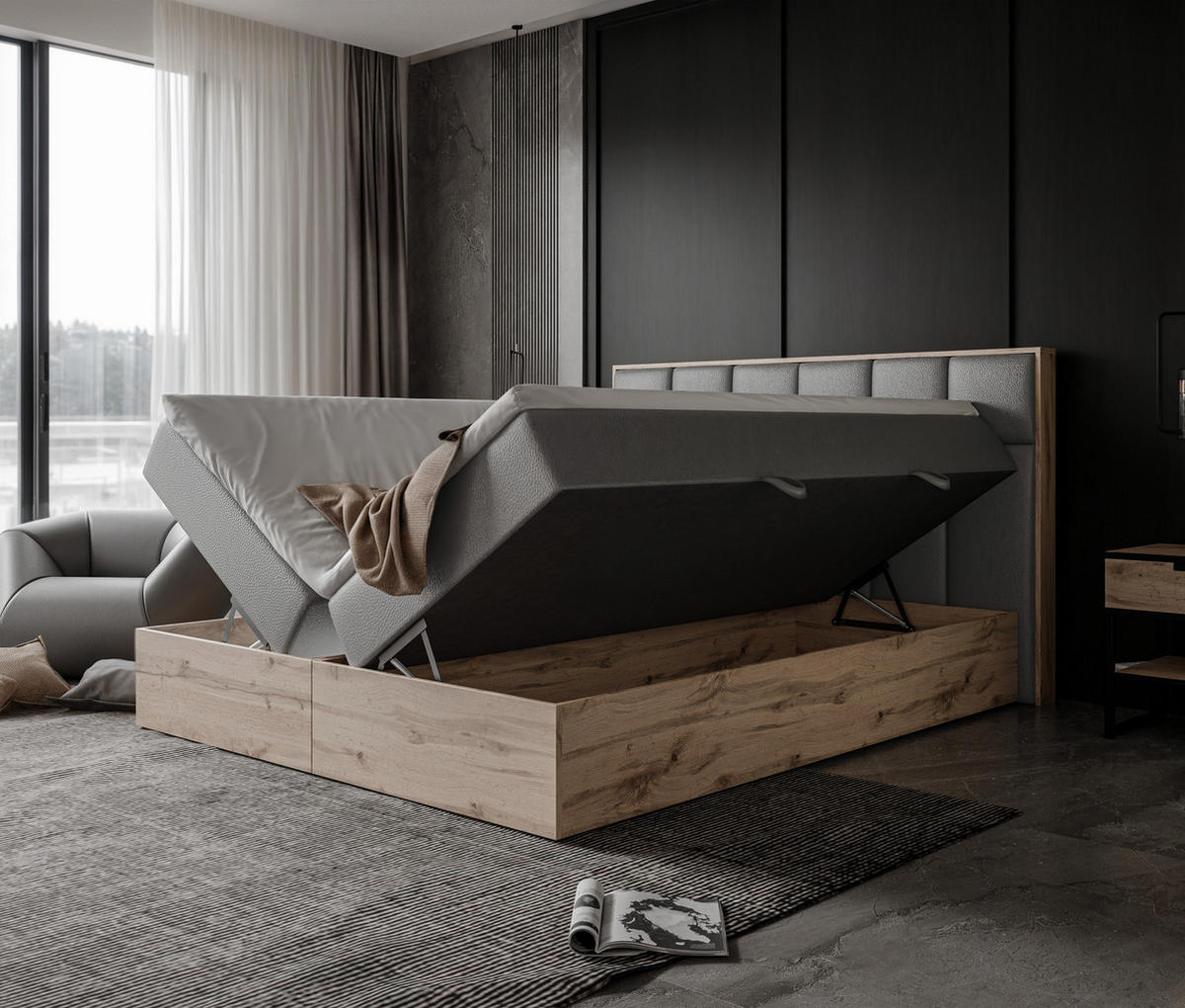 BOXBETT LAVIO II 160/200 cm, in Grau, mit Matratze und Topper - Grau, Holzwerkstoff/Textil (160/200cm) - Idohome