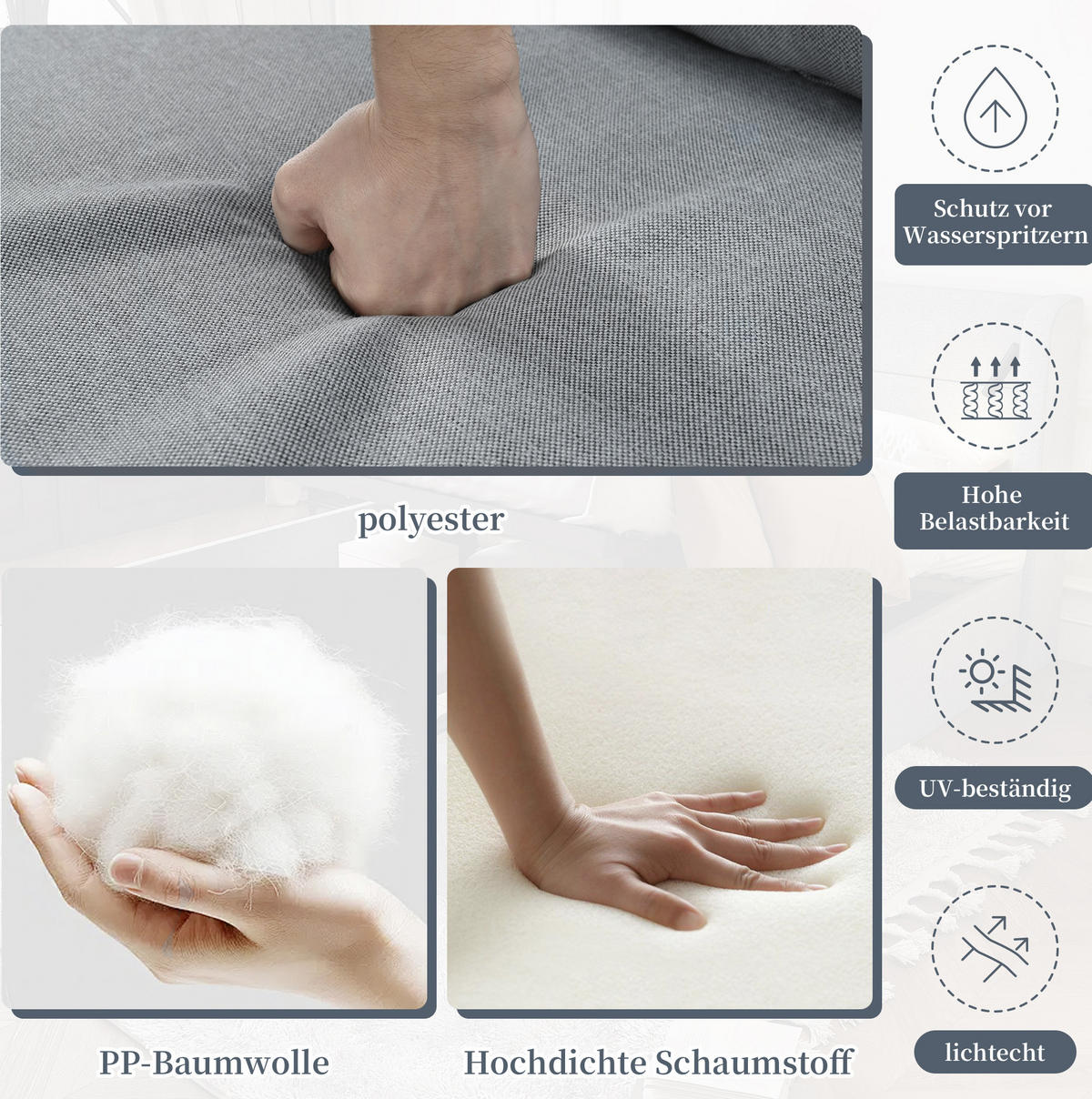 GARTENSET aus verzinktem Stahlrohr mit Glastischplatte Grau mit Sofa, Couchtisch und Fußhocker - Grau, Textil - Modfu