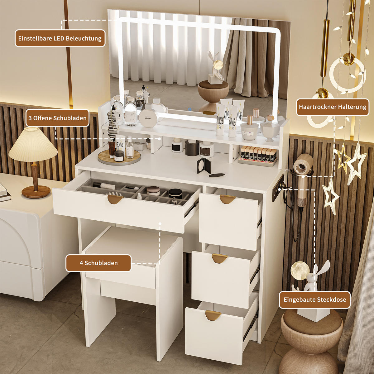 SCHMINKTISCH LED USB 4 Schubladen Hocker weiß - Weiß, Holz (40/140/90cm) - Fortuna Lai