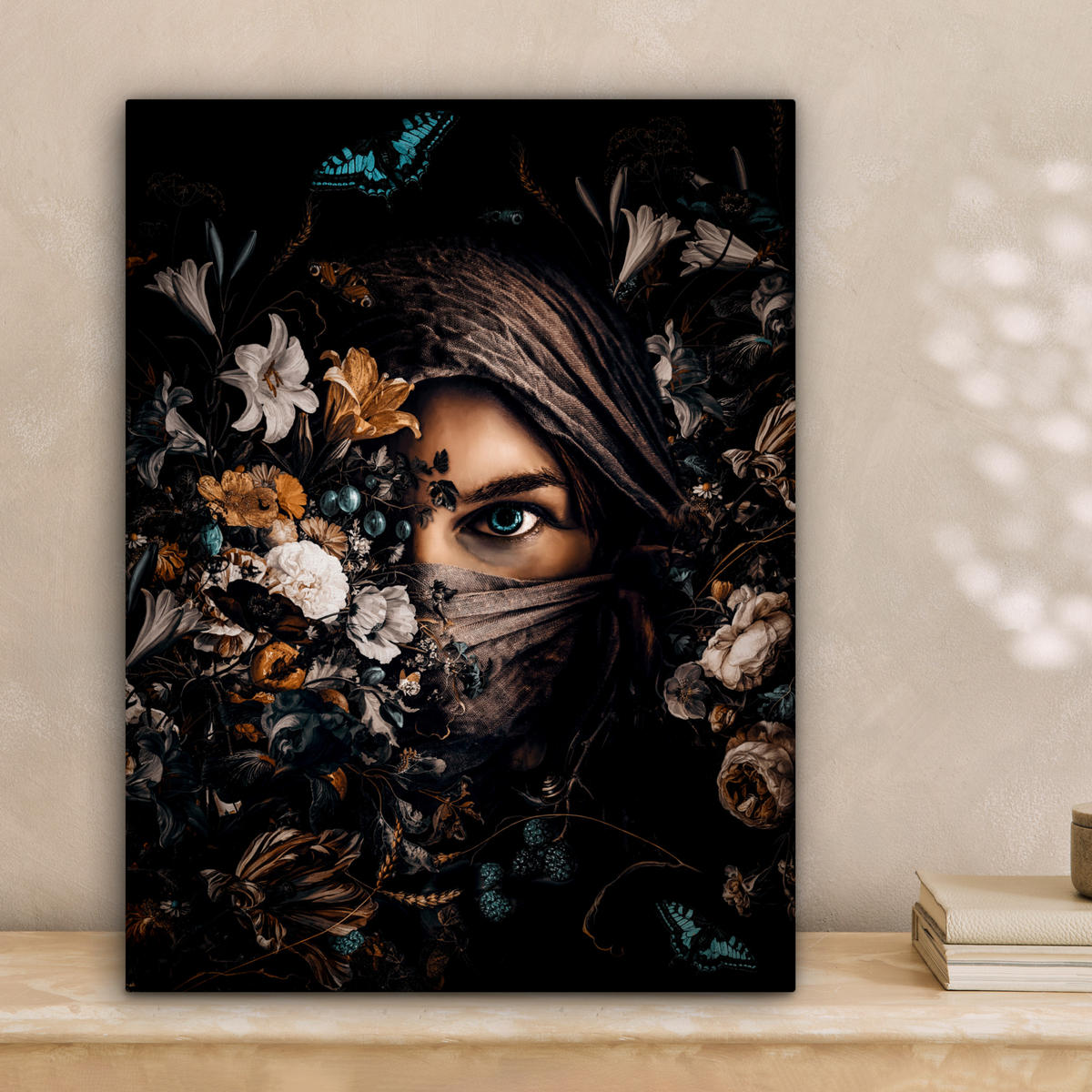 LEINWANDBILD Frau - Luxus - Blumen - Schmetterling - Porträt 30x40 cm - Schwarz, Textil (30/40cm) - MuchoWow