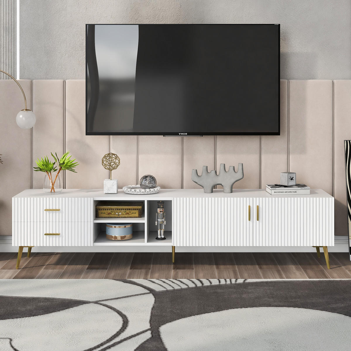 NIZKA OMARICA s 2 zásuvkami & 2 dvierkami, s otvorenými priehradkami, 180/35/41 cm - zlate barve/bela, kovina/leseni material (180/41/35cm) - EVRYAE