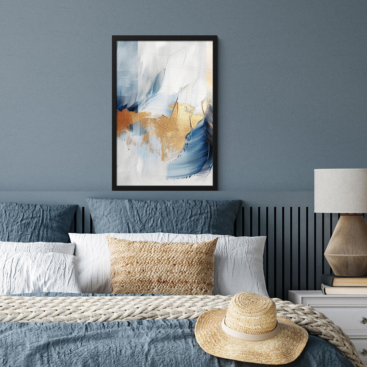GERAHMTES BILD Gold - Blau - Aquarell - Kunst - Modern 40x60 cm - Hellblau, Papier (40/60cm) - MuchoWow