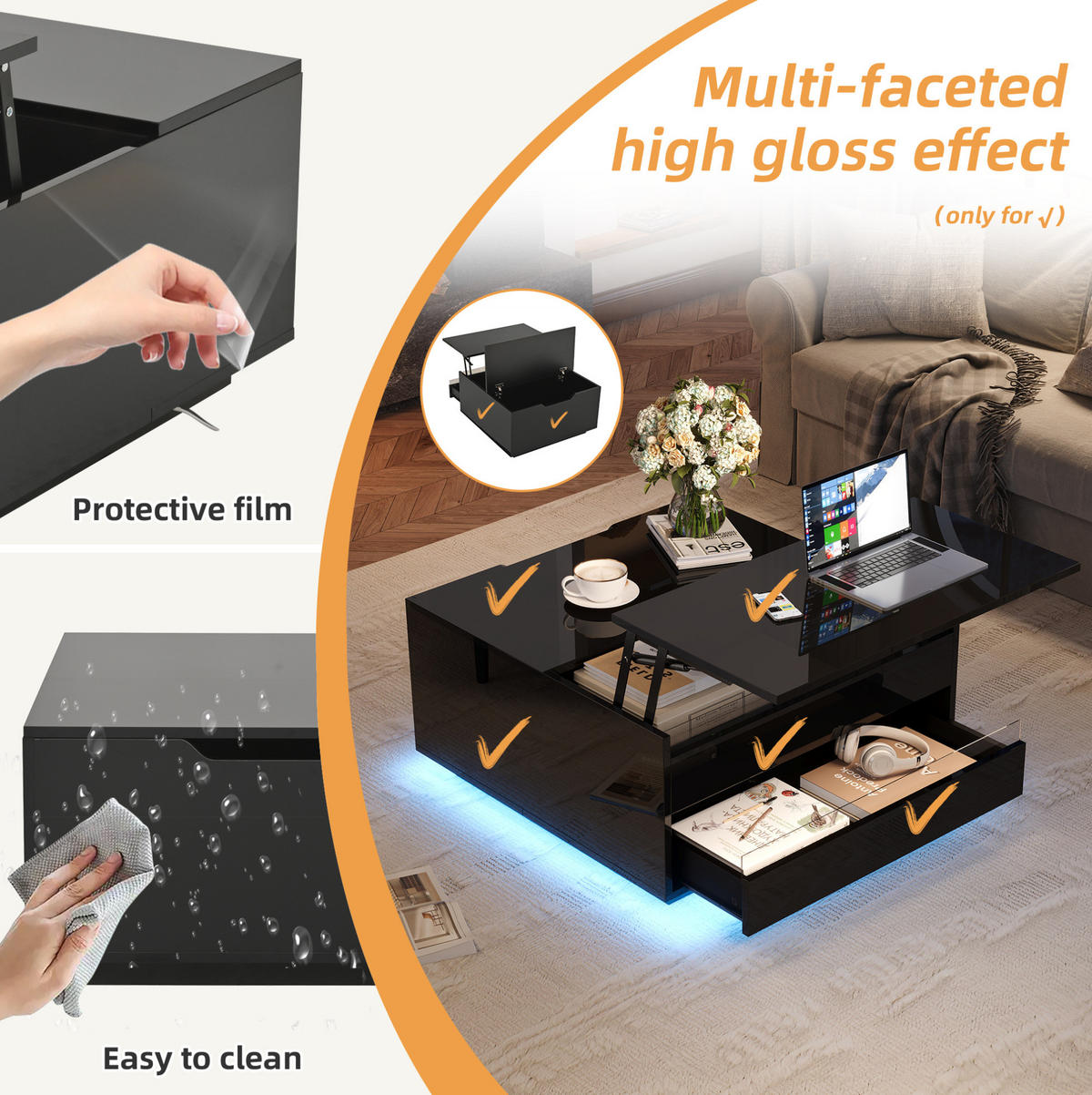 COUCHTISCH 70/70/38 cm schwarz aus Spanplatte mit LED-Lichtstreifen und Stauraum - Schwarz, Holzwerkstoff (70/70/38cm) - OKMYHOME