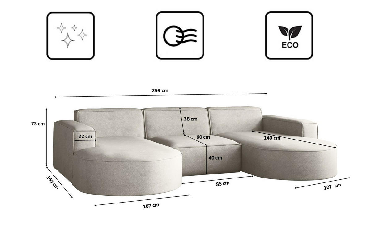 ECKSOFA Modena U-Form Elegant und Moderne Stoff Salvador Hellgrau - Hellgrau, Holz/Textil (299/165cm) - Kaiser Möbel