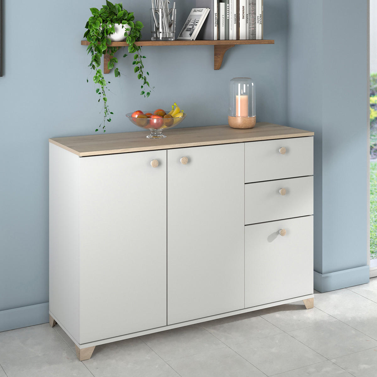 SIDEBOARD mit 3 Türen und 2 Schubladen, Kronberg Eiche Dekor und Weiß - L119,6 cm - Eschefarben, Holzwerkstoff (41.9/85.1/119.6cm) - Calicosy