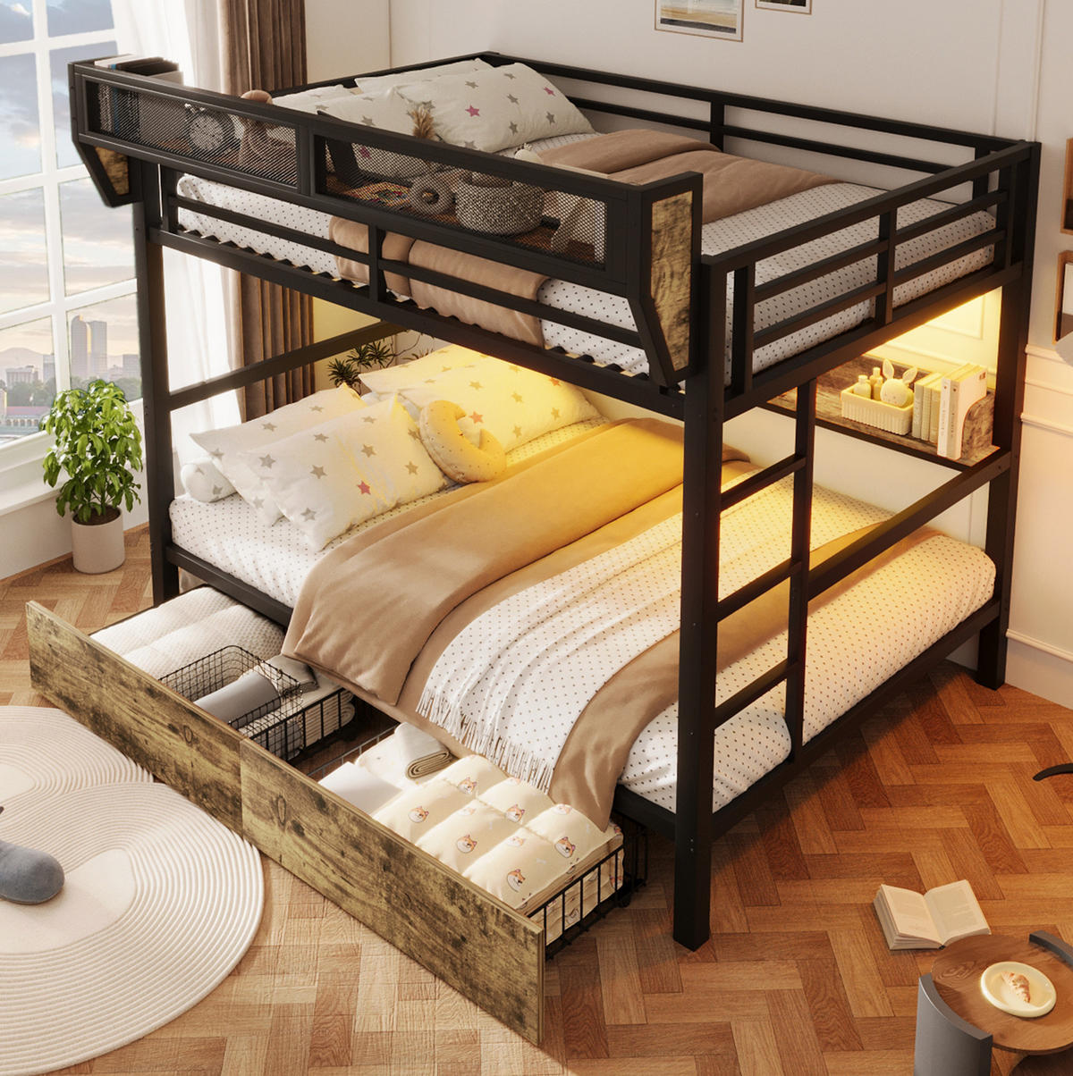 ETAGENBETT 140/200 cm aus Metall und MDF mit LED-Licht und Stauraum Schwarz - Schwarz, Holzwerkstoff (140/200cm) - Modenvie