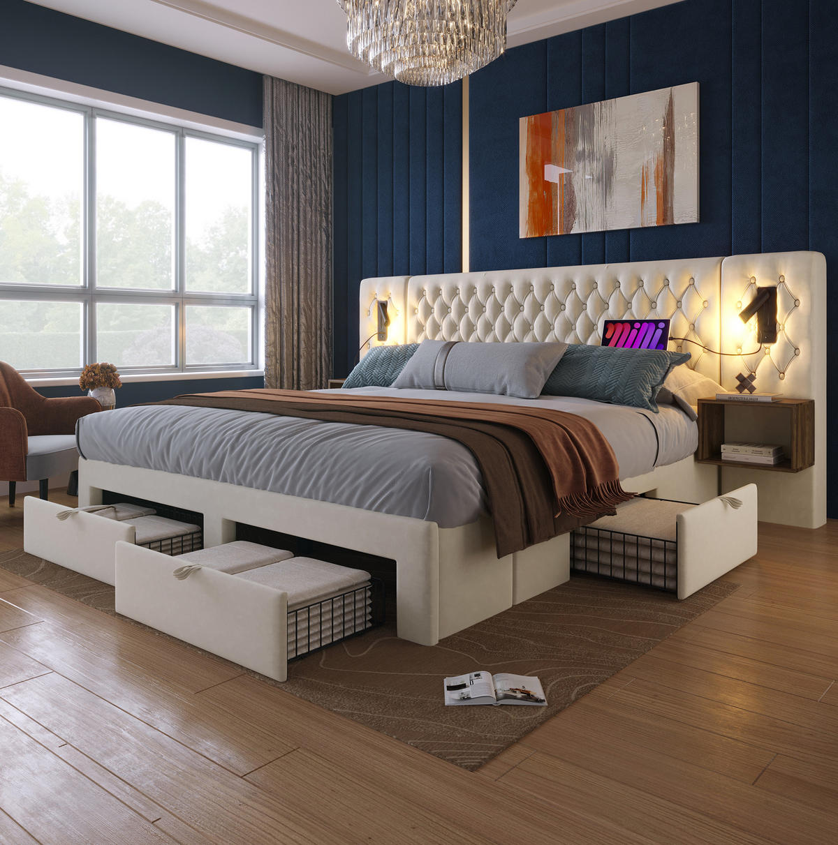BETTANLAGE mit 2 Nachttischen und 4 Schubladen 160x200 cm Samt Beige - Beige, Metall (160/200cm) - Meubliv