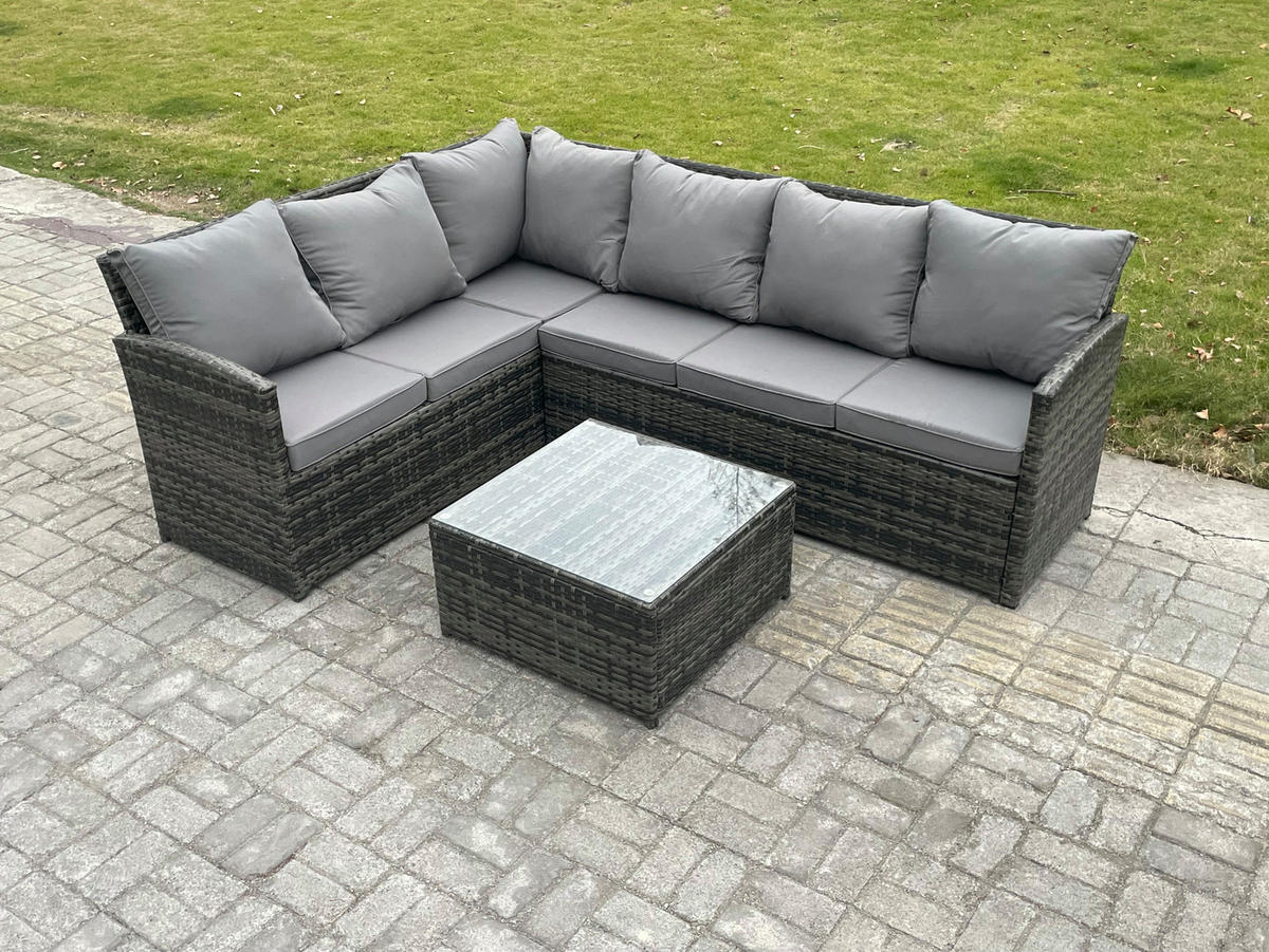 GARTENGARNITUR mit Ecksof,Couchtisch Polyrattan Dunkelgrau 6-Sitzer - Dunkelgrau/Grau, Glas/Kunststoff - Fimous