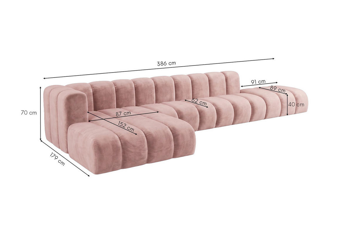 ECKSOFA Modulares In L-Form Mit Hocker, Velvet-Stoff Riviera, Hellrosa, Links, GRAND - Hellrosa, Holz (386/179cm) - Kaiser Möbel