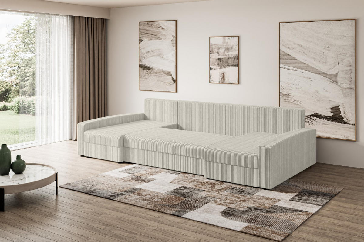 WOHNLANDSCHAFT mit Schlaffunktion und Bettkasten ALESIA-U 301x140x90 cm Grau Cord - Silberfarben/Hellgrau, Holzwerkstoff/Kunststoff (301/90/140cm) - ALTDECOR