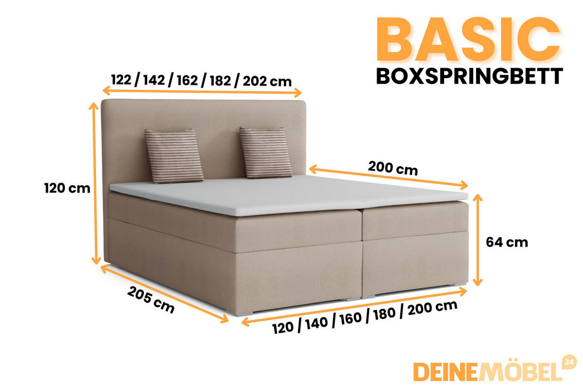 BOXBETT BASIC 200/200 Velours Beige mit Taschen-Federkernmatratzen 7 Zonen H4 - Beige, Holz/Holzwerkstoff (200/200cm) - Deine Möbel 24