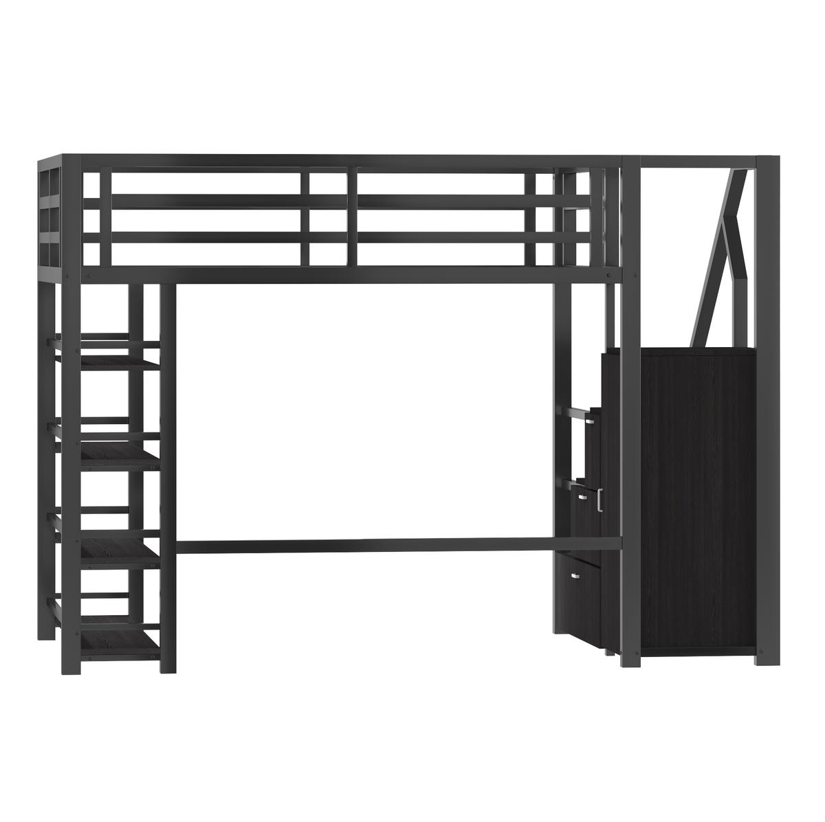 VYSOKÁ posteľ 140/200 cm čierna z kovu a MDF s LED osvetlením šatníkom policami a úložnými schodmi - čierna, kompozitné drevo (140/200cm) - OKWISH