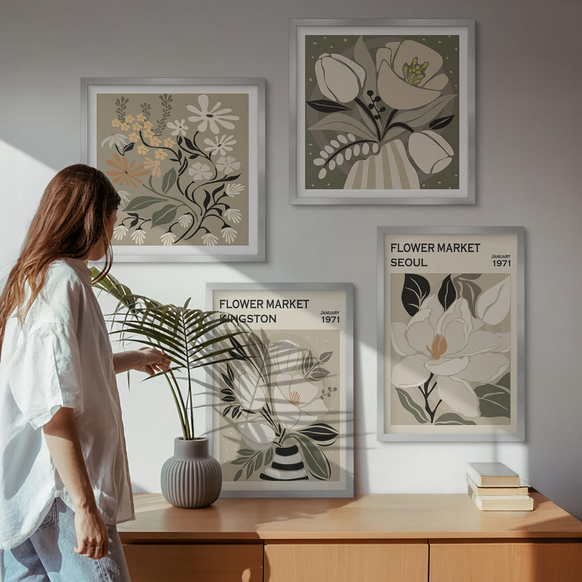 WANDBILDER 4er Set - 50x50 cm & 40x60 cm Silberner Rahmen - Kingston Seoul Retro-Blumen - Silberfarben, Kunststoff (50/50cm) - ArtPrintCave