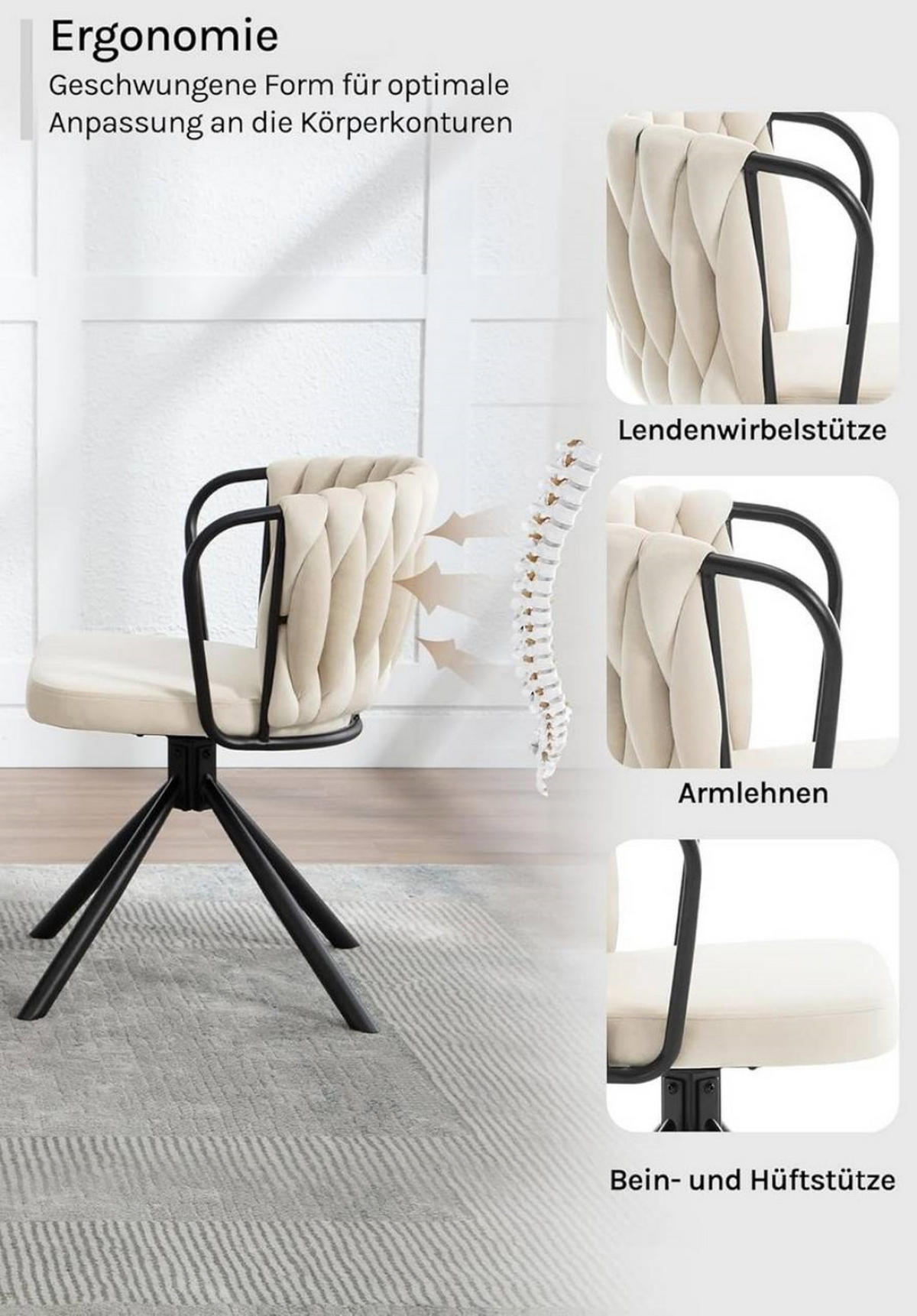 ARMLEHNSTUHL 2er Set Drehstuhl, Samtsitz, Creme - Creme/Schwarz, Textil/Metall (65/74.5/62.5cm) - Woltu