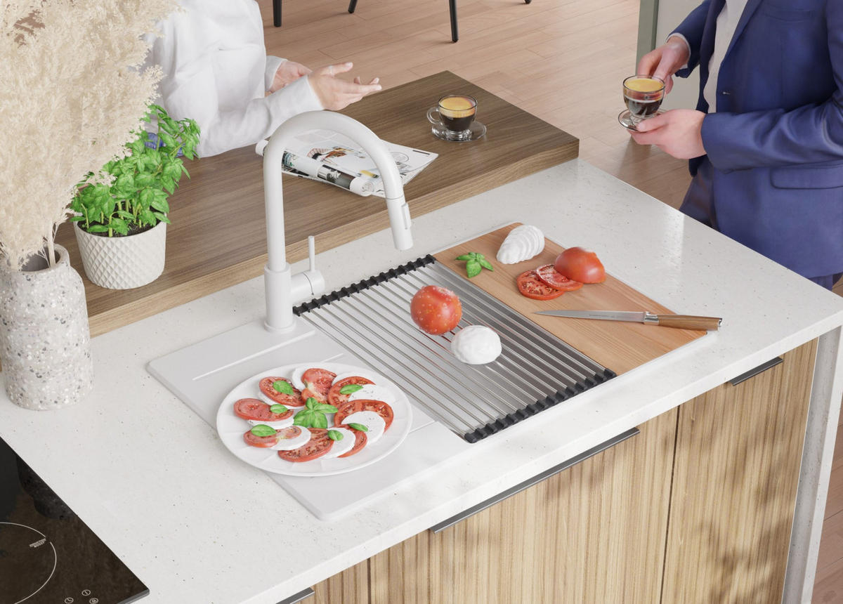 GRANITSPÜLE Kopenhagen, 2-er set Alles Weiß 78/50 cm 1 Becken + Küchenarmatur 40/20 cm + Ablauf-Set + Schneidebrett ab 60er Unterschrank - Beige/Weiß, Kunststoff (78/20/50cm) - Primagran