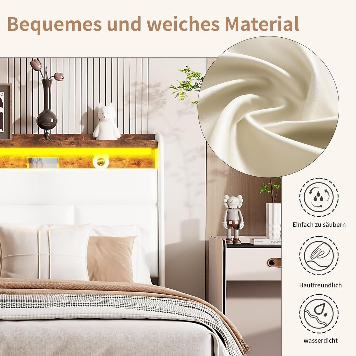 POLSTERBETT LED Stauraum Weiß 140/200 cm - Weiß, Holzwerkstoff - Kaket