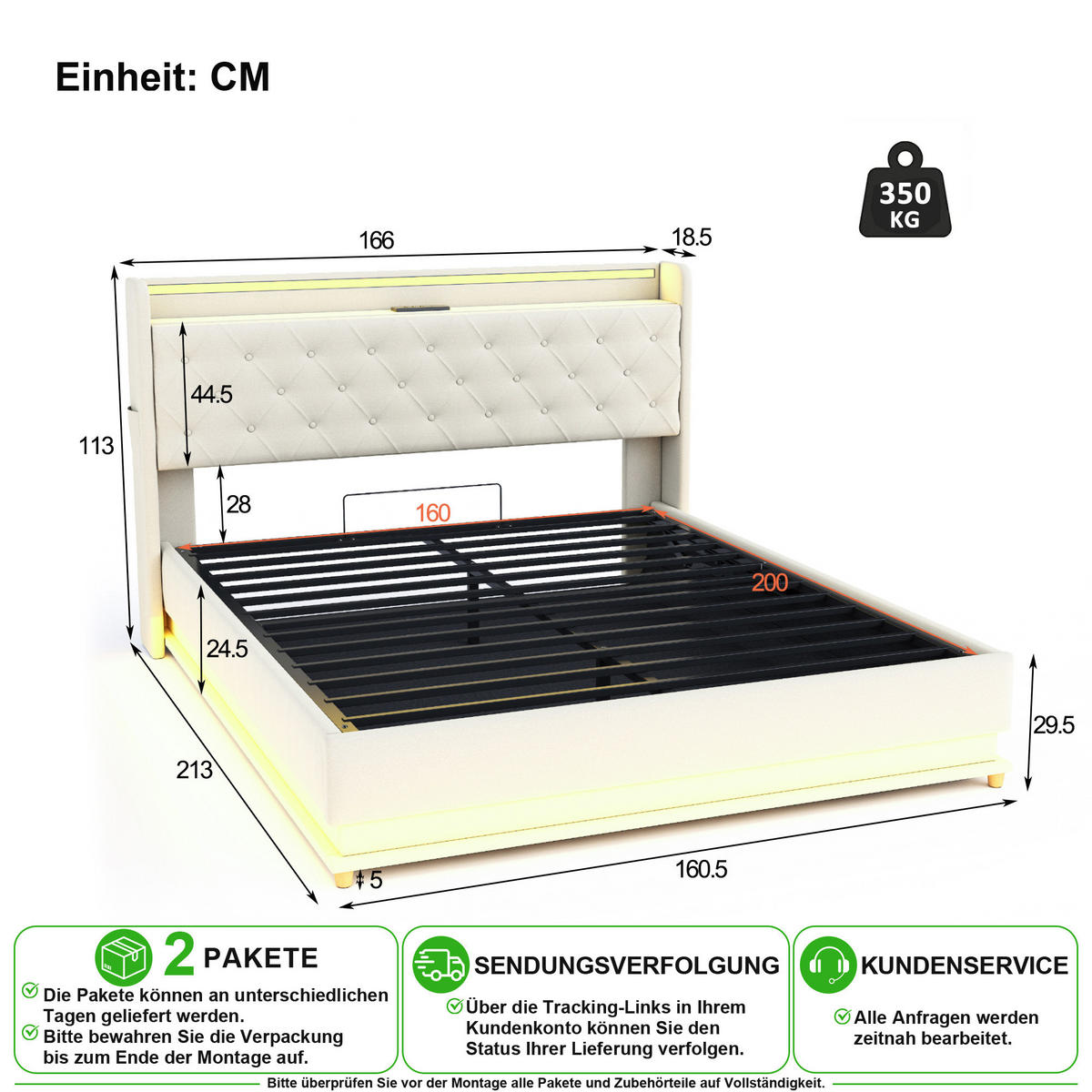 ČALOUNĚNÁ POSTEL 160/200 cm v béžové barvě s LED, USB a úložným prostorem - béžová, kov/kompozitní dřevo (160/200cm) - CHICFURN