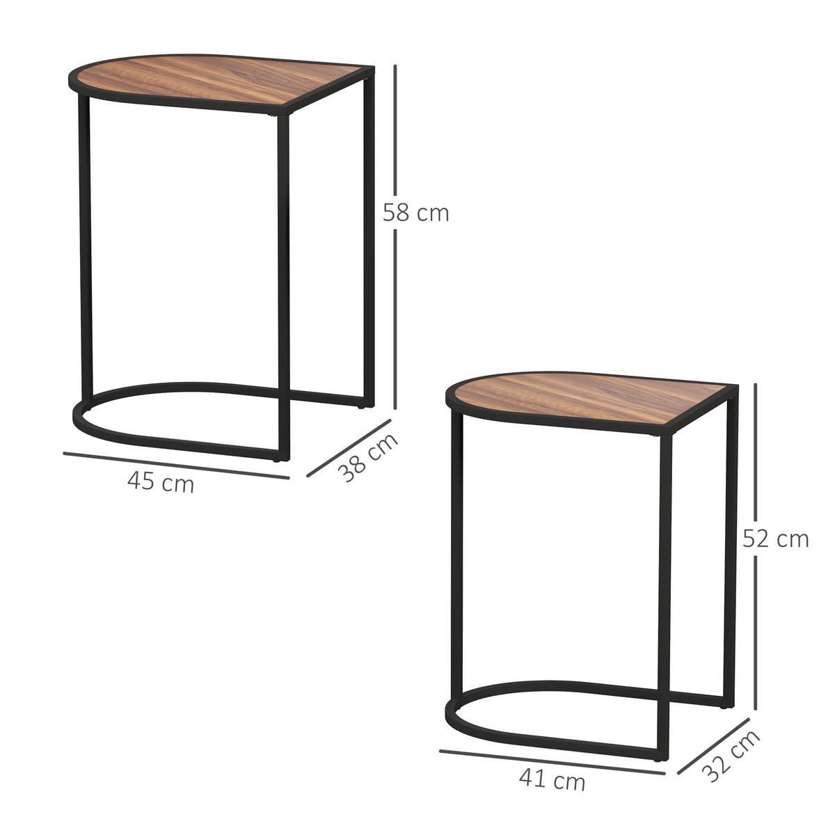 COUCHTISCH 2er-Set, Stahlgestell, Braun+Schwarz - Braun, Holzwerkstoff (38/45/58cm) - HOMCOM