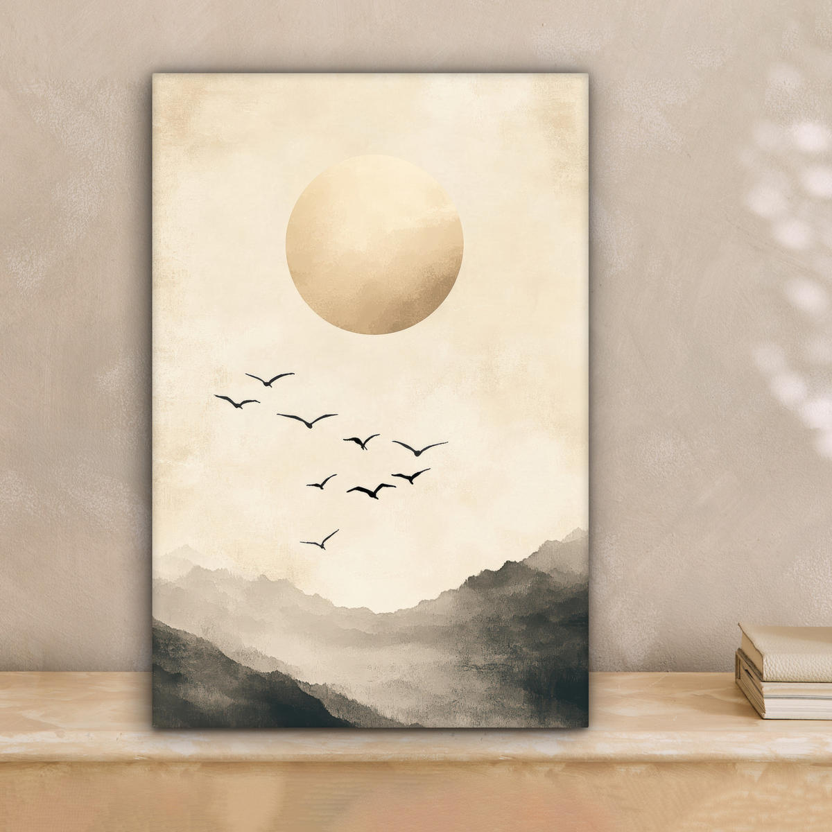 LEINWANDBILD Landschaft - Japandi - Vogel Deko Wohnzimmer 20x30 cm - Beige, Textil (20/30cm) - MuchoWow