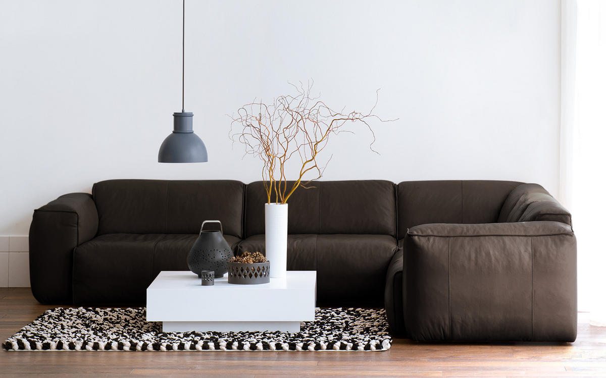 ECKSOFA mit Rundecke - Dunkelbraun/Schwarz, Leder/Kunststoff (325/260cm) - home24