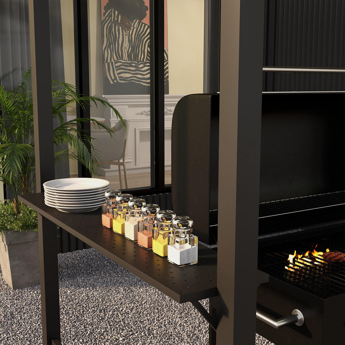 PAVILLONS aus Stahl 233x110x235 cm in Dunkelgrau mit Doppeldach, Ablagen & Haken - Dunkelgrau, Metall (233/235/110cm) - Modfu