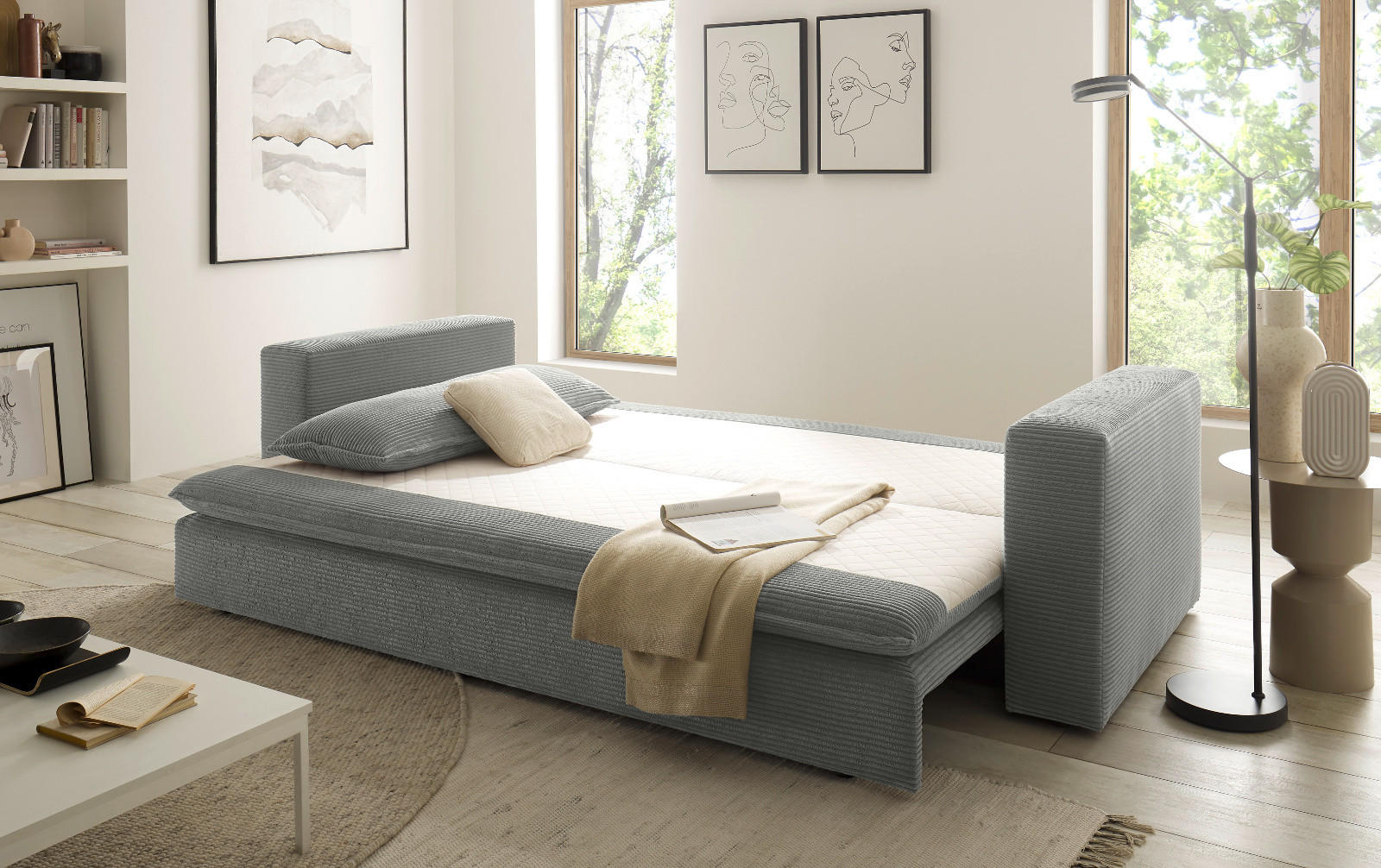 SCHLAFSOFA hellgrau Cord, Sofa 3-Sitzer mit Bettfunktion 244 cm - Beige/Hellgrau, Holz/Textil (244/83/91cm) - Furn.Design