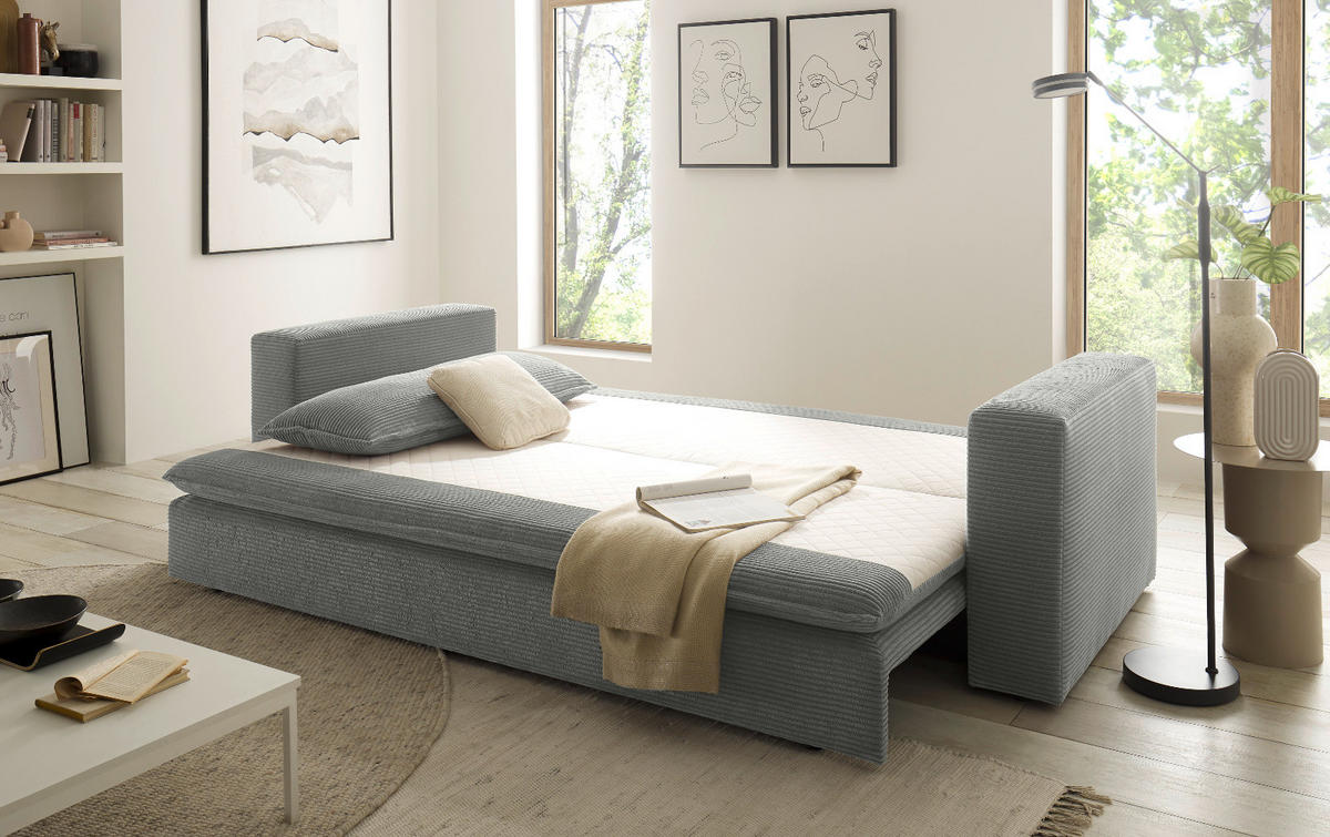 SCHLAFSOFA hellgrau Cord, Sofa 3-Sitzer mit Bettfunktion 244 cm - Beige/Hellgrau, Holz/Textil (244/83/91cm) - Furn.Design