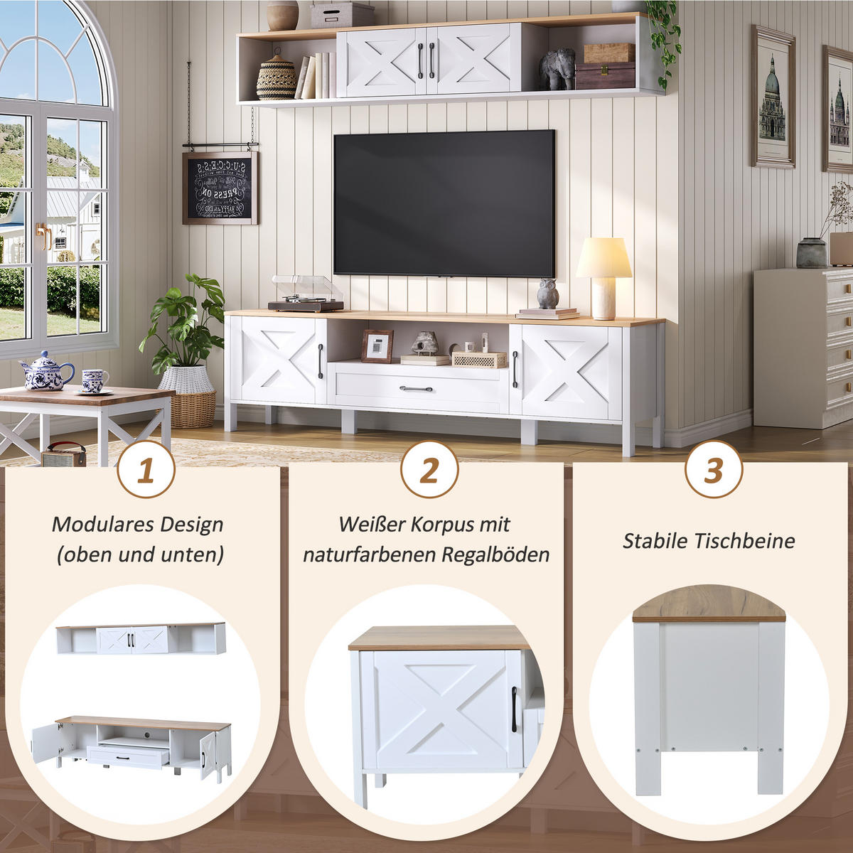 TV WOHNWAND-SET in Weiß mit 4 Schränken für Wohnzimmer, B180/T40/H50 cm - Weiß, Holzwerkstoff/Metall (180/27/30cm) - STILVORA